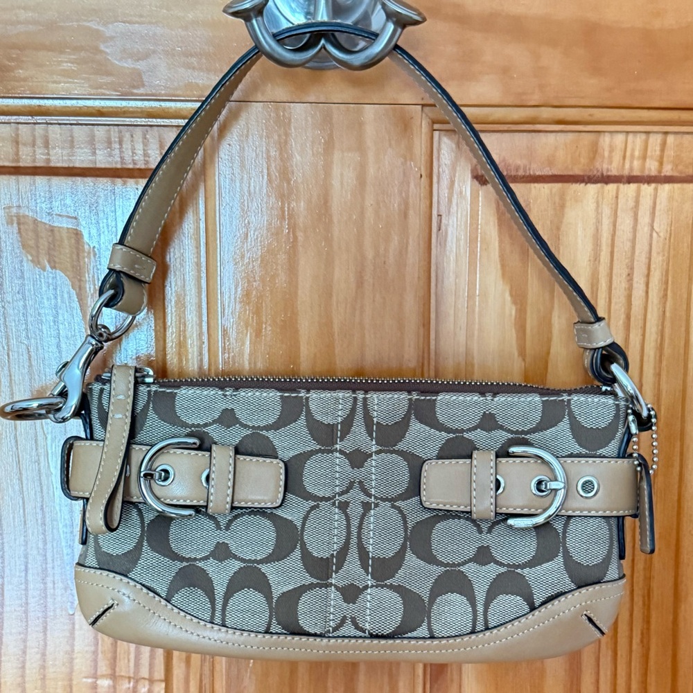 Coach Tan and Brown Clutch/shoulder bag with Signature Design